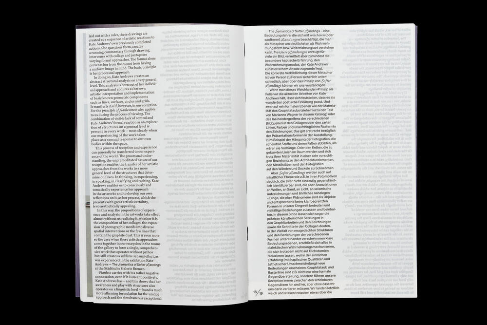 An open book displaying two pages of dense German text in a small serif font, appearing to be from an exhibition catalog with narrow margins and justified alignment.