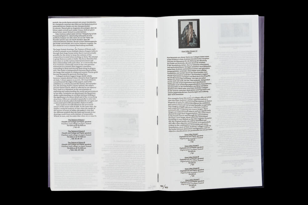 Open pages of an exhibition catalog featuring body text in multiple columns on the left page and a historical portrait photograph with accompanying text on the right page, with footnotes and references visible at the bottom of both pages.