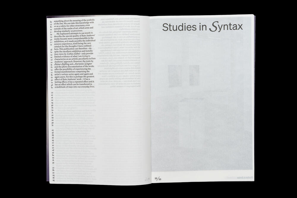 An open book spread displaying a chapter titled "Studies in Syntax" on the right page, with dense text columns on the left page and mostly blank space on the right, suggesting a minimalist design approach typical of academic or art exhibition catalogs.
